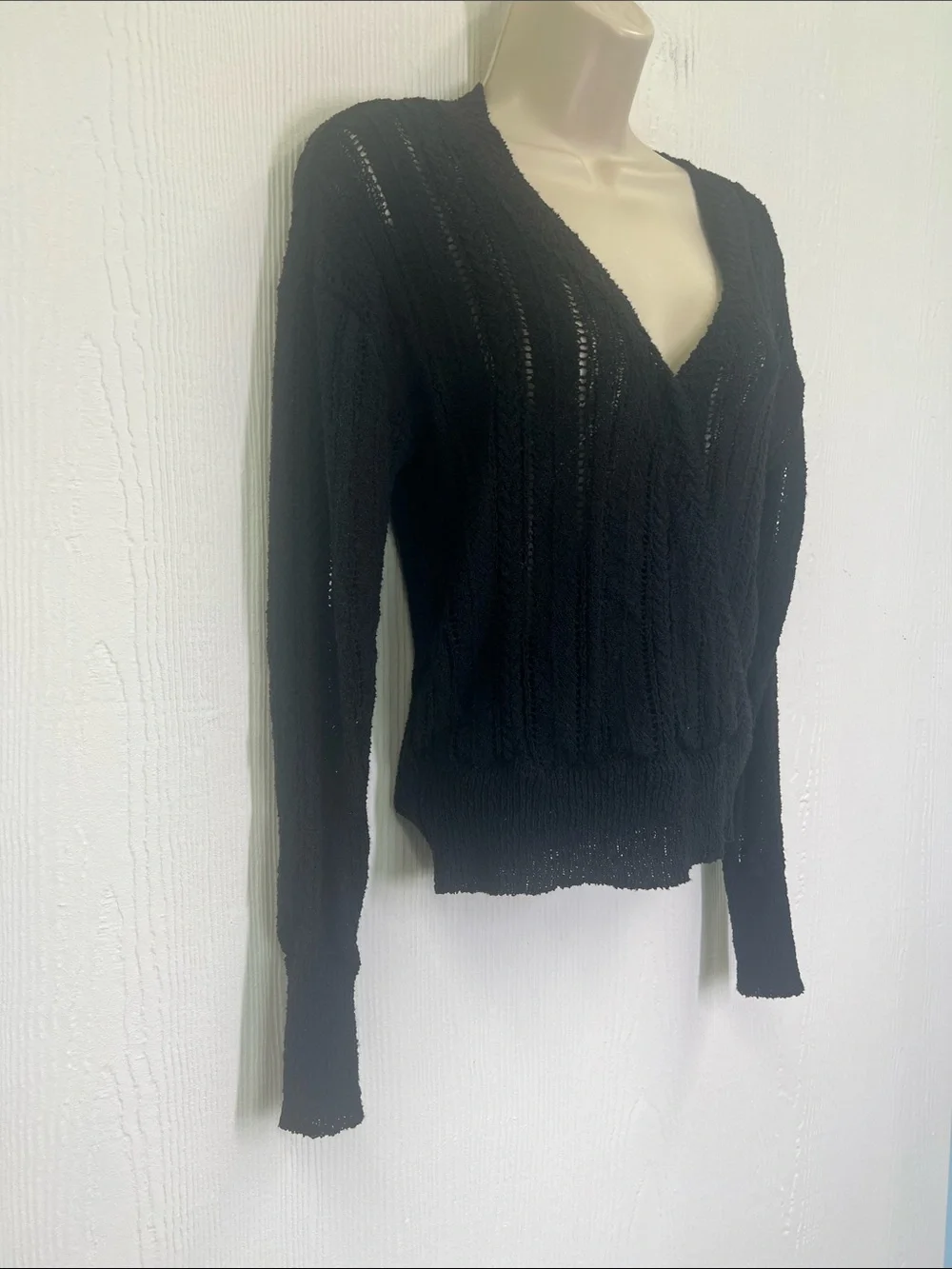 ASTR The Label - Wrap Front Pointelle Black Long Sleeve Lightweight Sweater SM